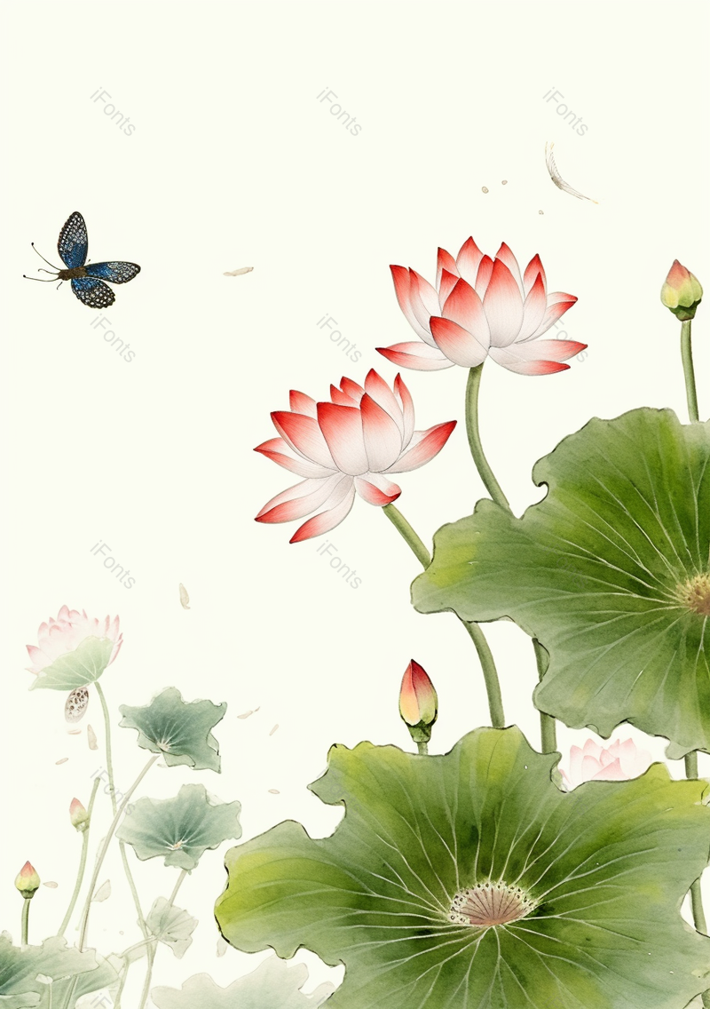 绿色水墨古典池塘荷叶荷花胡蝶插画,插画/手绘图,插画/手绘图库,插画/手绘图下载,插画/手绘